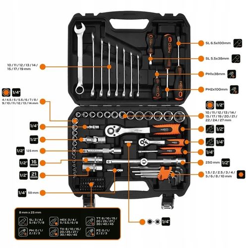 NEO TOOLS Zestaw Kluczy Nasadowych 100 el. 1/2" 1/4" Klucze Płasko Oczkowe na Arena.pl