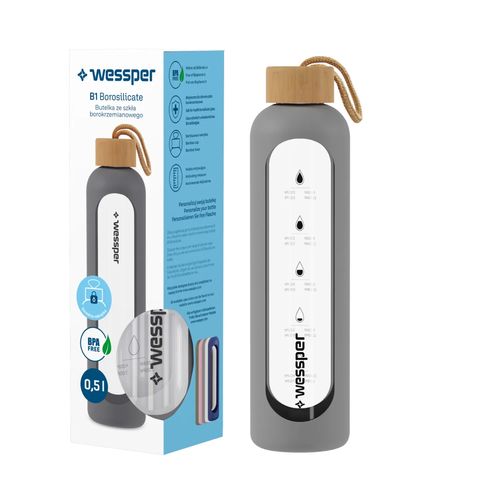 Wessper B1 Borosilicate 500 ml Szklana butelka na wodę z miarką motywacyjną z szarym etui na Arena.pl
