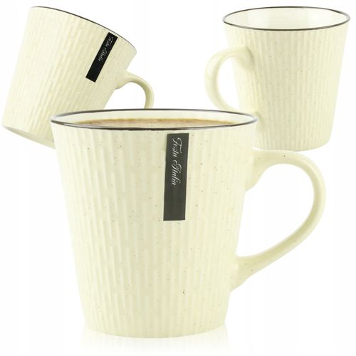 CERAMICZNY KUBEK NA KAWĘ HERBATĘ BEŻOWY ZDOBIONY WE WZÓR KRESKI 340 ML na Arena.pl