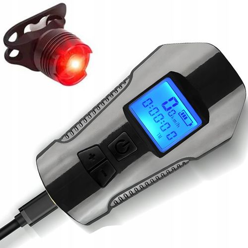 LAMPKA ROWEROWA LED LICZNIK KM PRĘDKOŚCIOMIERZ DZWONEK PRZÓD + TYŁ na Arena.pl