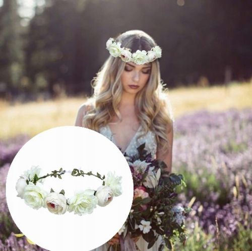 OPASKA WIANEK NA GŁOWĘ BOHO DRUCIK BIAŁE KWIATY PANIEŃSKI ŚLUBNY KOMUNIA na Arena.pl