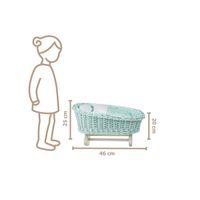 BUJANE miętowe ŁÓŻECZKO KOŁYSKA Z WIKLINY DLA LALEK Z POŚCIELĄ 46X28 H 20/25 CM