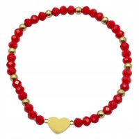 Bransoletka z czerwonych koralików przekładka serduszko pełne kolor złoty