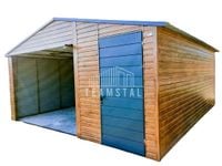 GARAŻ BLASZANY 5m x 5m poziom - dwuspad - Brama uchylna + drzwi - jasny orzech + antracyt TS234 5x5