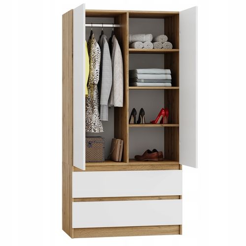 SZAFA DĄB WOTAN BIAŁA GARDEROBA DUŻA NA UBRANIA OTWIERANA 2 SZUFLADY na Arena.pl