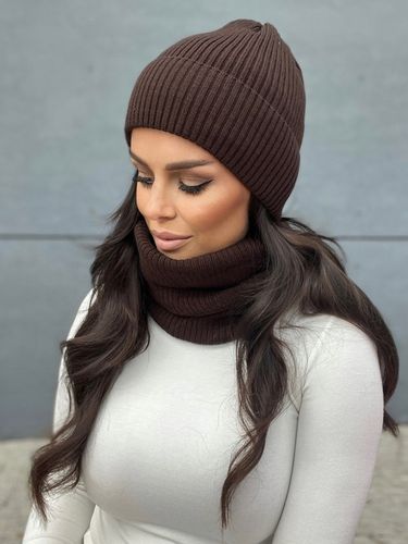 KOMPLET DAMSKI CZAPKA BEANIE KOMIN GOLF TUBA DUŻY ZESTAW BRĄZOWY na Arena.pl