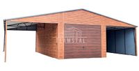 GARAŻ BLASZANY 6,5m x 6m + 3m. wiata - poziom - dwuspad 2x Brama uchylna + drzwi + 2x okno - drewnopodobny TS262 6,5x6