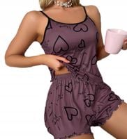 PIŻAMA DAMSKA Dwuczęściowa FIOLETOWA SERCA Komplet SPODENKI rozmiar L