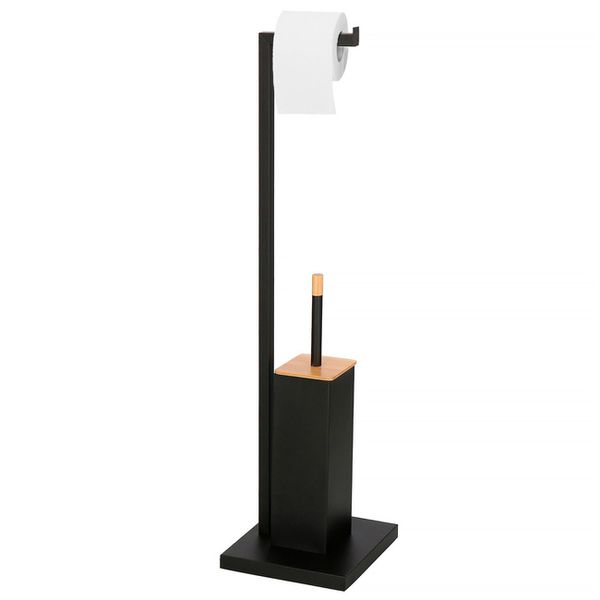 Stojak toaletowy na papier i szczotkę WC, metalowy, czarny, bambus zdjęcie 1