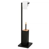 Stojak toaletowy na papier i szczotkę WC, metalowy, czarny, bambus