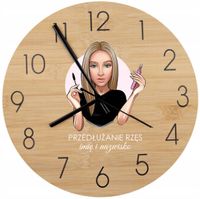 Bambusowy ZEGAR ścienny nadruk UV dla STYLISTKI RZĘS + nazwa firmy