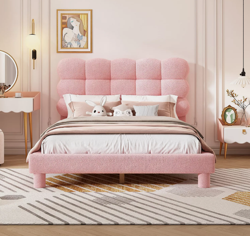 Łóżko tapicerowane 140 x 200 cm młodzieżowe różowe z ramą z listew na Arena.pl