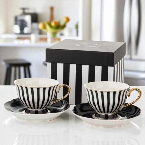 Komplet filiżanek porcelanowych 220 ml 2szt. biało-czarne złote zestaw na Arena.pl