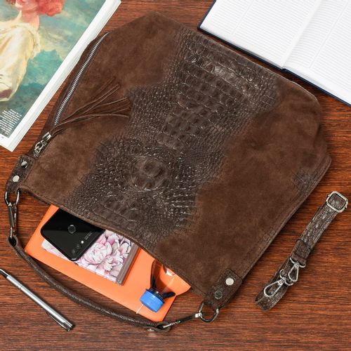 VERA PELLE torebka zamszowa worek kroko z paskiem na ramię V476 c.brązowa na Arena.pl