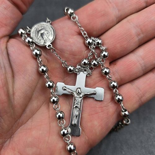Srebrny Naszyjnik Różaniec z Krzyżem Stal Męski Łańcuszek na Arena.pl