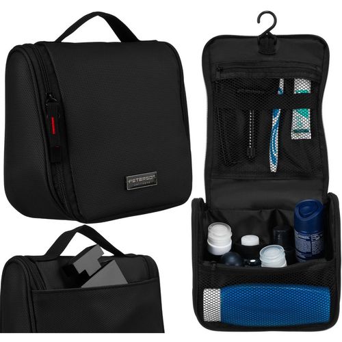 syntetyczna kosmetyczka podróżna w czarnym kolorze z haczykiem zamykana na Arena.pl