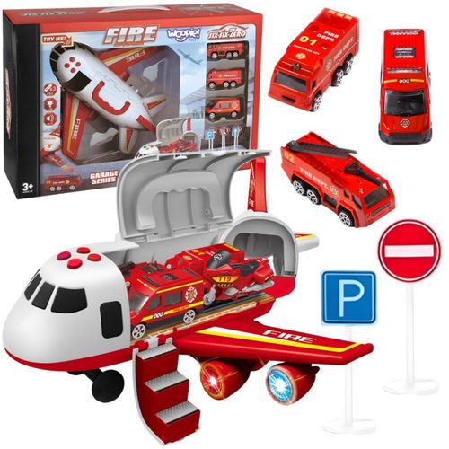 WOOPIE Samolot Rozkładany Transporter Straż Pożarna z 3 Autami Strażackimi Zestaw XL Znaki Drogowe na Arena.pl