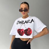 Chiara Wear - T-shirt crop top CHERRY - biały S