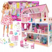 DUZY DREWANIANY DOMEK DLA LALEK LED MEBLE 70cm +LALKA BARBIE ZESTAW XXL