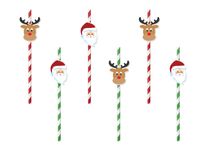 Słomki papierowe świąteczne na Boże Narodzenie renifery Mikołaje, 6 szt.