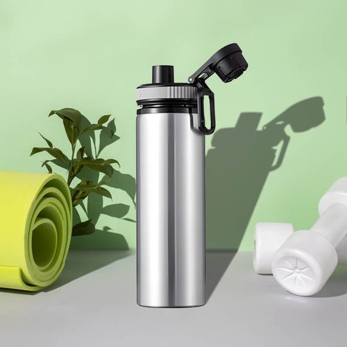 Srebrny bidon 850 ml - z rączką i zamykanym ustnikiem - z Twoim nadrukiem - szara opaska na Arena.pl