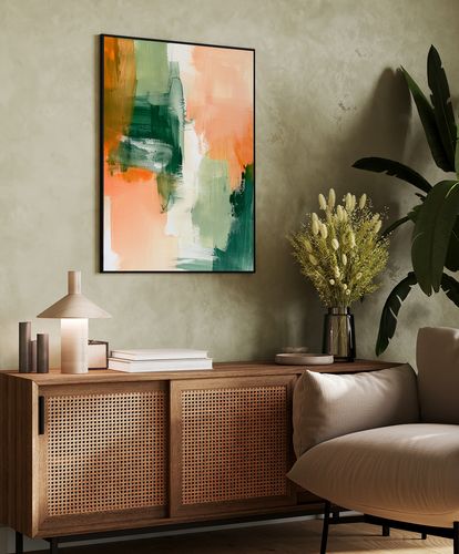 Plakat ramka abstrakcja pomarańczowo zielona 30x40 cm w czarnej ramie na Arena.pl