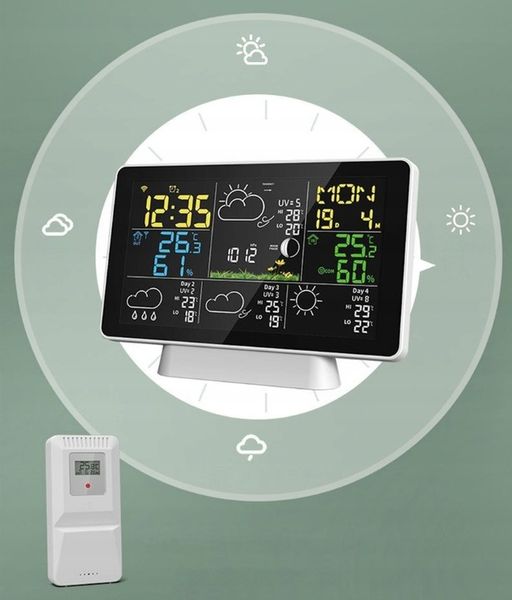 STACJA POGODY WiFi 3 CZUJNIKI UV hPa TEMP WILGOTNOŚĆ FAZY KSIĘŻYCA BUDZIK zdjęcie 13