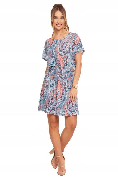 Krótka Sukienka Damska Rozkloszowana Zwiewna Kolorowa Wzorzysta MORAJ S/M zdjęcie 7