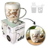 szklanka termiczna z białymi kwiatami w środku, hortensje 300ml 1szt