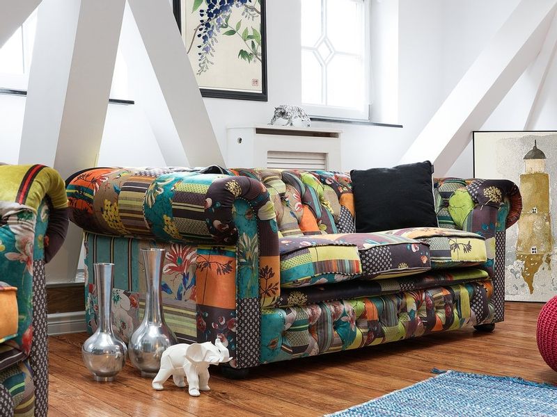 Sofa 3-osobowa patchworkowa żółta CHESTERFIELD zdjęcie 2