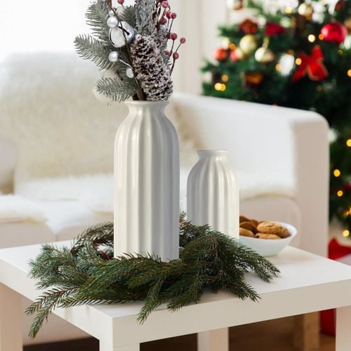 Zestaw 2 Ceramicznych Wazonów Żebrowanych Białe Szkliwione w Stylu Boho na Arena.pl