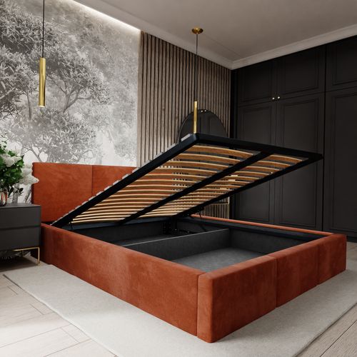 ŁÓŻKO TAPICEROWANE DO SYPIALNI 180x200 ŁÓŻKO PODWÓJNE Z POJEMNIKIEM MIODOWE na Arena.pl