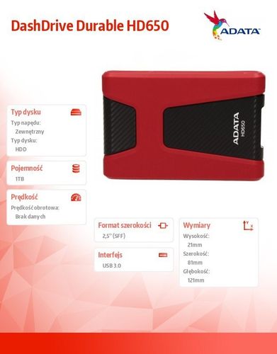 DashDrive Durable HD650 1TB 2.5'' USB3.0 Czerwony na Arena.pl