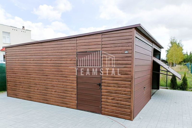 GARAŻ BLASZANY 6m x 5,8m poziom - spad tył 2x Brama uchylna + drzwi - ciemny orzech - drewnopodony TS241 6x5,8 zdjęcie 2