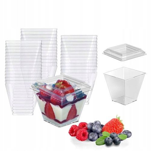 Pucharki plastikowe do deserów i przekąsek 200 ml kwadrat z pokrywką 50szt na Arena.pl