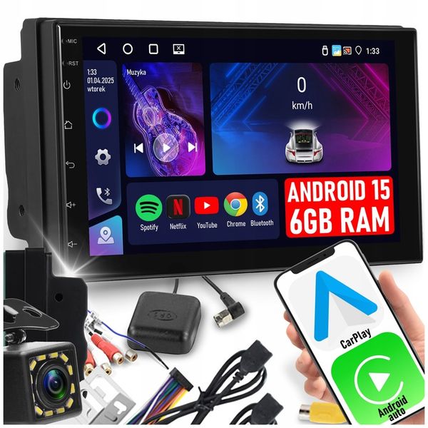 RADIO SAMOCHODOWE 2 DIN 6GB RAM ANDROID AUTO CARPLAY ANDROID 15 RDS zdjęcie 1