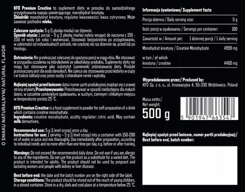 KFD PREMIUM CREATINE - 500 G KREATYNA MONOHYDRAT - NATURALNA na Arena.pl