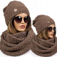 KOMPLET damski CZAPKA + KOMIN ciepły szal z wełną beżowy z polarem