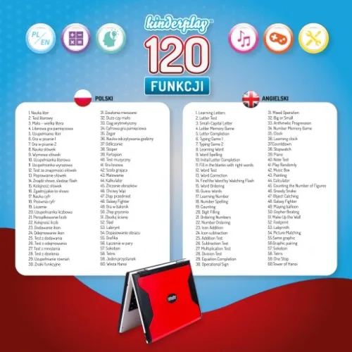 LAPTOP EDUKACYJNY DLA DZIECI KINDERPLAY NAUKA LICZENIA LITERKI GRY 120 na Arena.pl