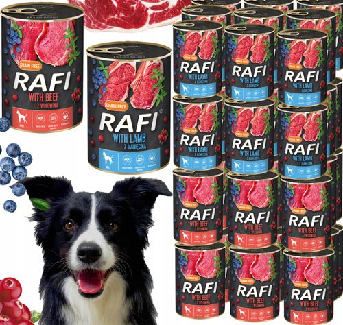 zestaw 48x400g karma mokra dla psów rafi mix smaków (jagnięcina, wołowina) na Arena.pl