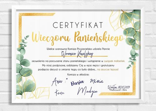 CERTYFIKAT NA WIECZÓR PANIEŃSKI A4 Boho A4 na Arena.pl