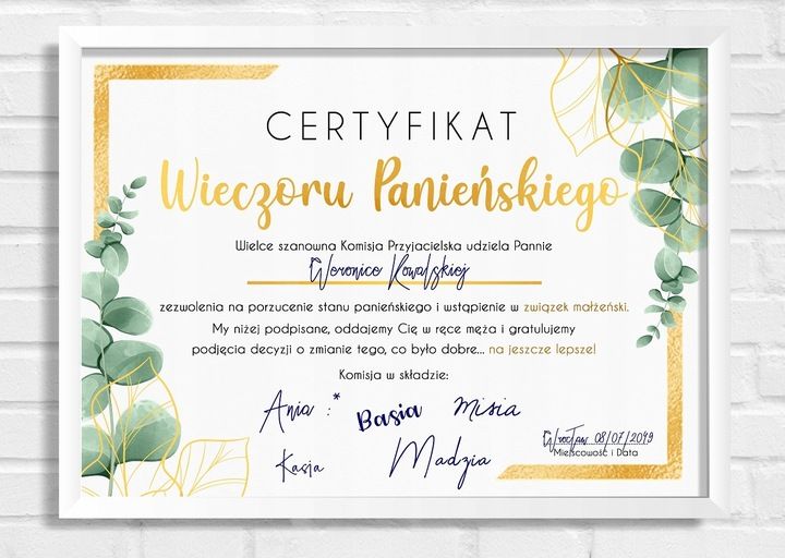 CERTYFIKAT NA WIECZÓR PANIEŃSKI A4 Boho A4 zdjęcie 3