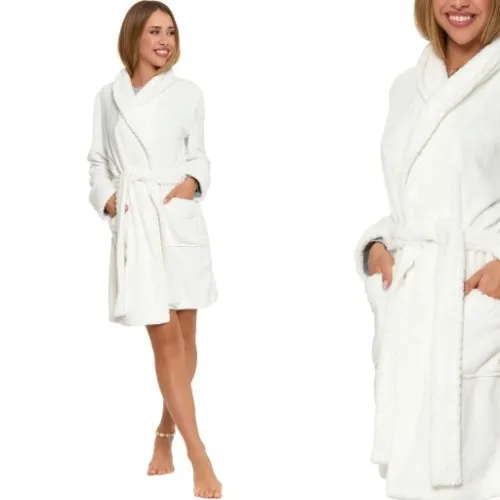 Moraj Puchaty Krótki Szlafrok Damski Wiązany w Talii 6000-001 Ecru L na Arena.pl