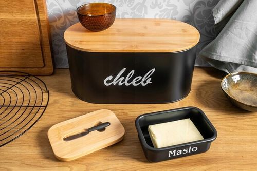 ZESTAW CHLEBAK METALOWY DESKA BAMBUSOWA + POJEMNIKI + MASELNICZKA Z NÓŻEM na Arena.pl