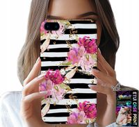 ETUI DO IPHONE ( 7 PLUS ) - KWIATKI W CZARNO - BIAŁE PASKI WZORY