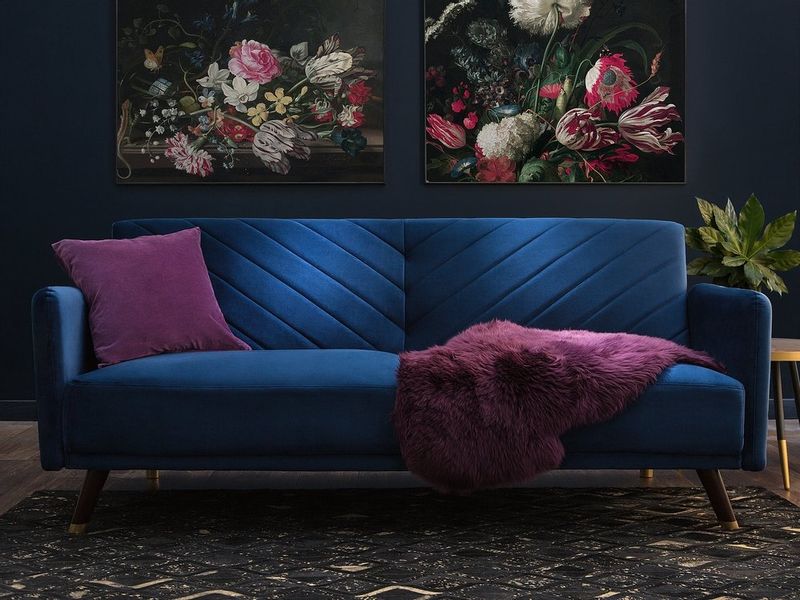 Sofa rozkładana welurowa niebieska SENJA zdjęcie 2