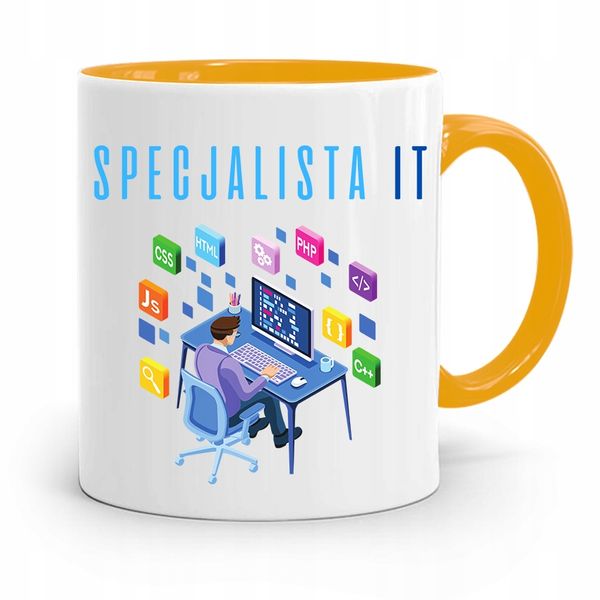 Kubek Żółty Informatyka Programisty Specjalista It Z Nadrukiem Ze Zdjęciem zdjęcie 1