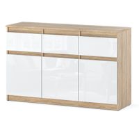 Komoda Drewniana Biała Połysk 3 Szuflady 120cm Nowoczesny Szafka Sonoma