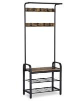 Wieszak stojący loft rustykalny brąz czarny z półkami na buty i siedziskiem