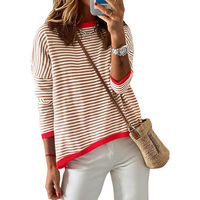 Bluzka damska w paski longsleeve bawełniana biało-brązowa okrągły dekolt L